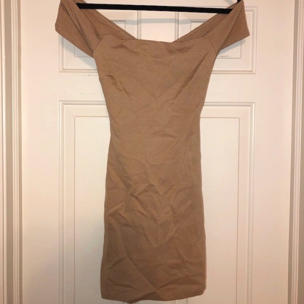 Nude tight off the shoulder dress